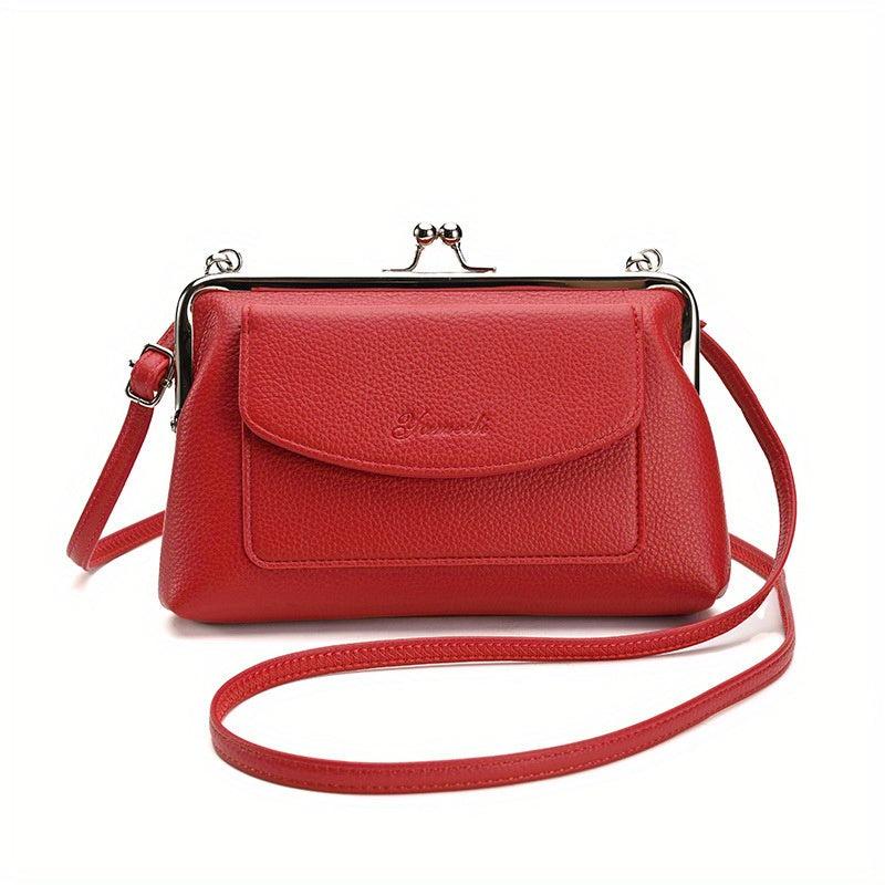 Solid Kiss Lock Shoulder Bag PU Leather Crossbody Bag
