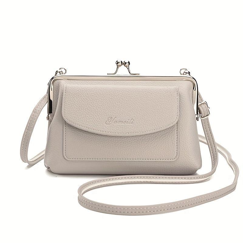 Solid Kiss Lock Shoulder Bag PU Leather Crossbody Bag