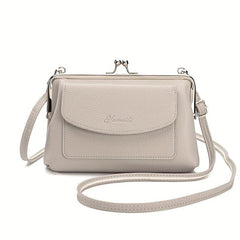 Solid Kiss Lock Shoulder Bag PU Leather Crossbody Bag
