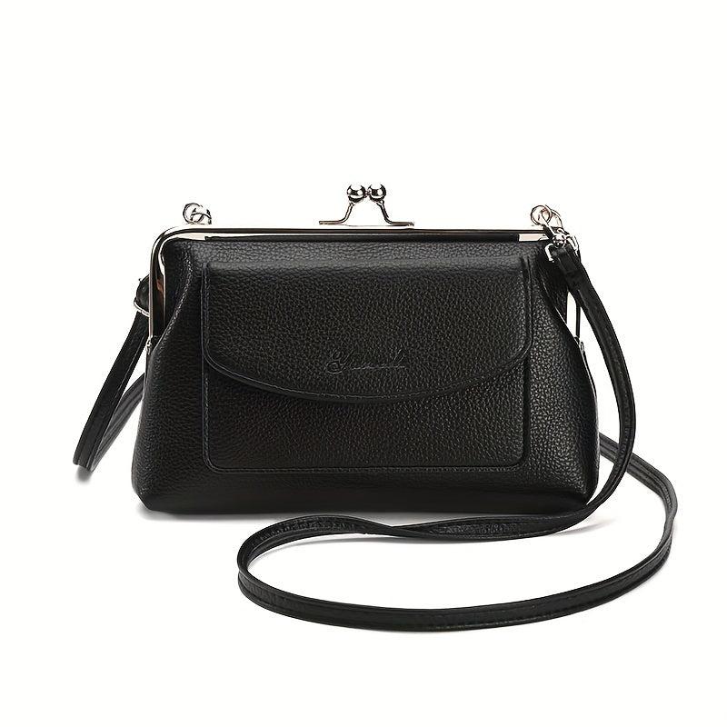 Solid Kiss Lock Shoulder Bag PU Leather Crossbody Bag