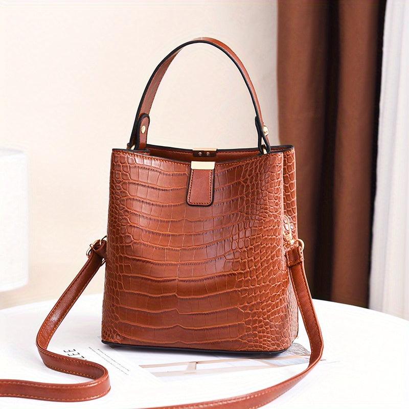 Crocodile Embossed Shoulder Bag Minimalist Bucket Satchel Solid Bag