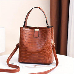 Crocodile Embossed Shoulder Bag Minimalist Bucket Satchel Solid Bag