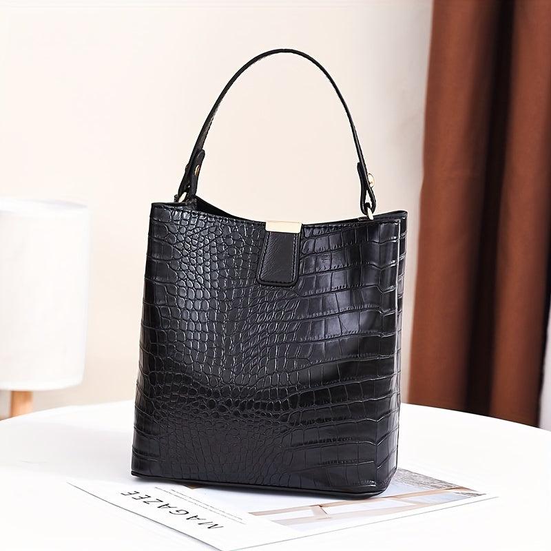 Crocodile Embossed Shoulder Bag Minimalist Bucket Satchel Solid Bag