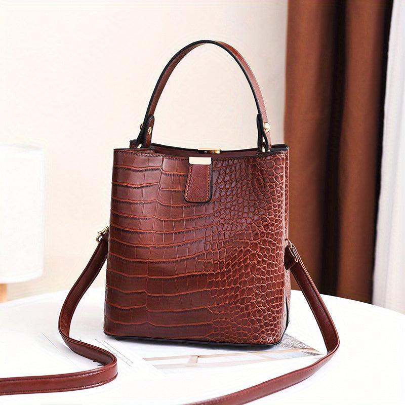 Crocodile Embossed Shoulder Bag Minimalist Bucket Satchel Solid Bag