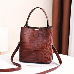 Crocodile Embossed Shoulder Bag Minimalist Bucket Satchel Solid Bag