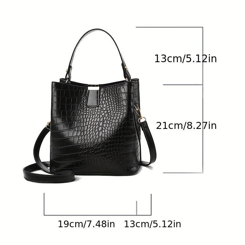 Crocodile Embossed Shoulder Bag Minimalist Bucket Satchel Solid Bag