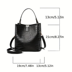 Crocodile Embossed Shoulder Bag Minimalist Bucket Satchel Solid Bag