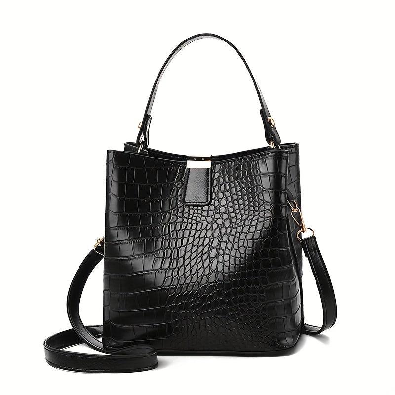 Crocodile Embossed Shoulder Bag Minimalist Bucket Satchel Solid Bag
