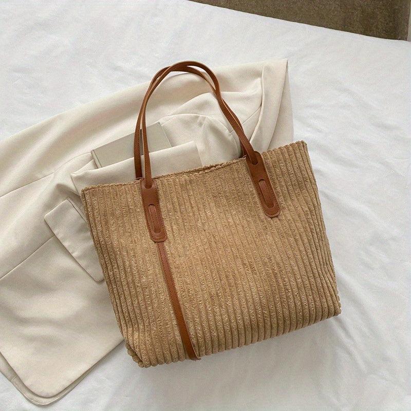 Corduroy Tote Bag Women's Large Capacity Shoulder Bag for Work & School