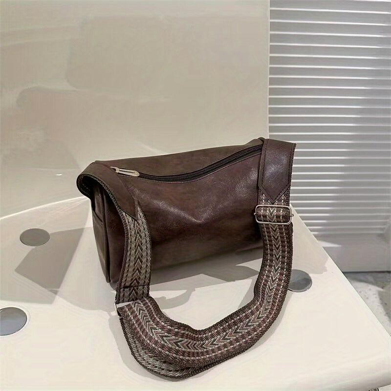 Vintage Cylinder Shoulder Bag with Wide Strap Retro Purse