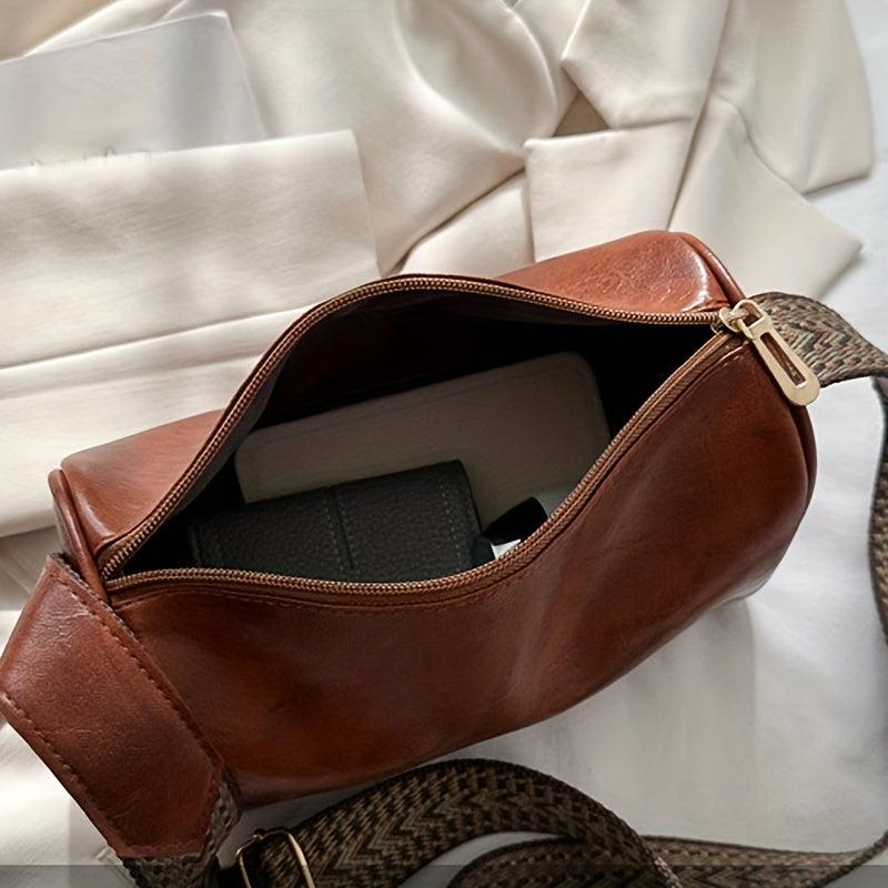 Vintage Cylinder Shoulder Bag with Wide Strap Retro Purse