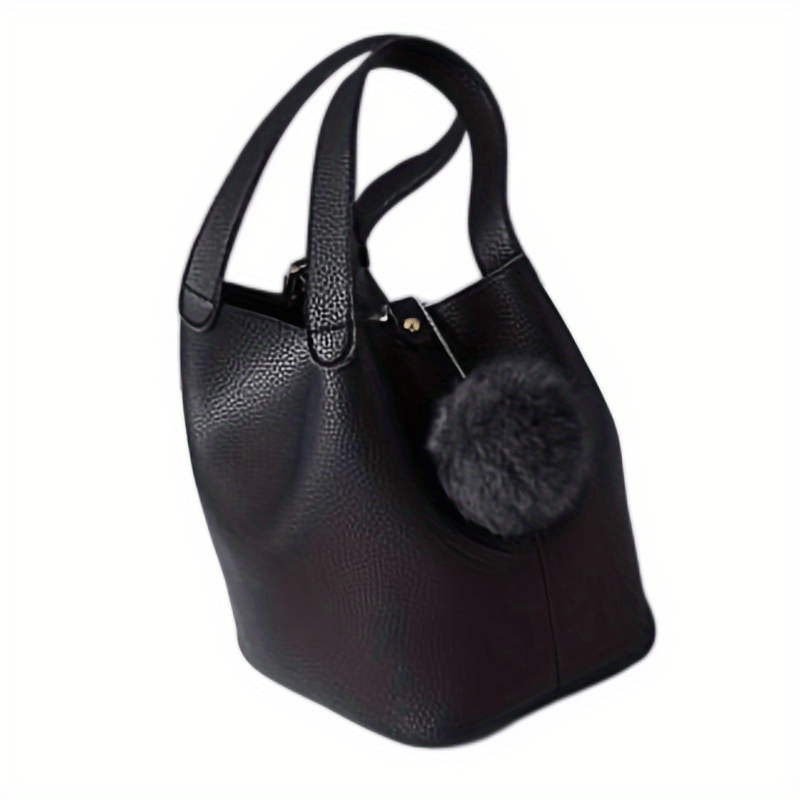 Solid Bucket Handbag with Pom Pom Classic Bag