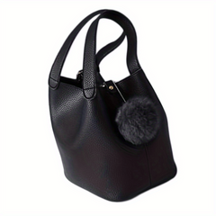 Solid Bucket Handbag with Pom Pom Classic Bag