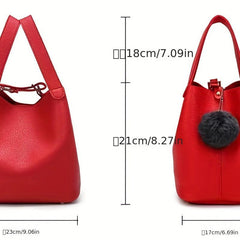 Solid Bucket Handbag with Pom Pom Classic Bag