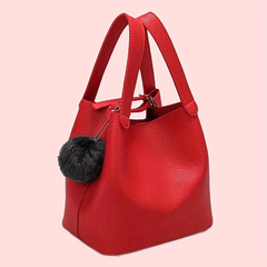 Solid Bucket Handbag with Pom Pom Classic Bag