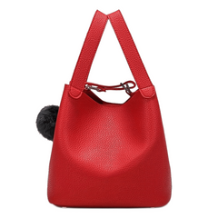 Solid Bucket Handbag with Pom Pom Classic Bag
