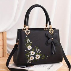 Flower Embroidered Tote Satchel Bag with Pendant