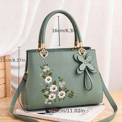 Flower Embroidered Tote Satchel Bag with Pendant