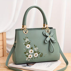 Flower Embroidered Tote Satchel Bag with Pendant