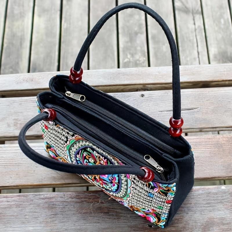 Ethnic Style Flower Embroidery Canvas Tote Bag with Bead Decor Strap