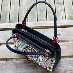 Ethnic Style Flower Embroidery Canvas Tote Bag with Bead Decor Strap