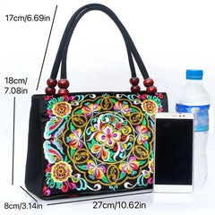 Ethnic Style Flower Embroidery Canvas Tote Bag with Bead Decor Strap