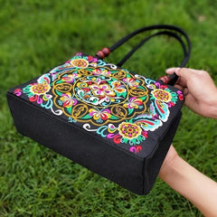 Ethnic Style Flower Embroidery Canvas Tote Bag with Bead Decor Strap