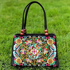 Ethnic Style Flower Embroidery Canvas Tote Bag with Bead Decor Strap