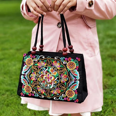 Ethnic Style Flower Embroidery Canvas Tote Bag with Bead Decor Strap