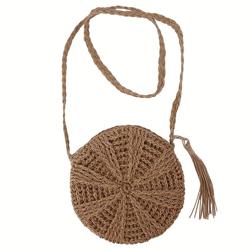 Round Straw Shoulder Bag Minimalist Woven Beach Bag