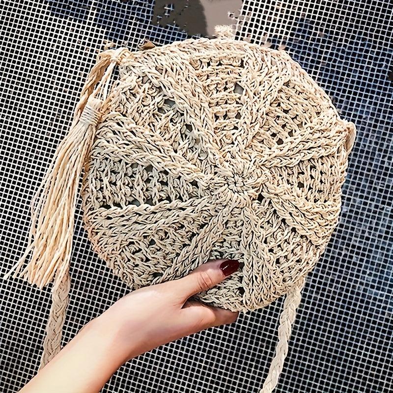 Round Straw Shoulder Bag Minimalist Woven Beach Bag