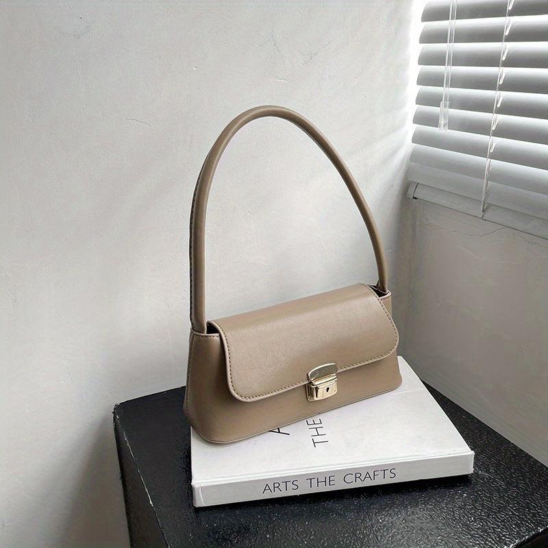 PU Leather Textured Satchel Bag Top Handle Flap Underarm Bag