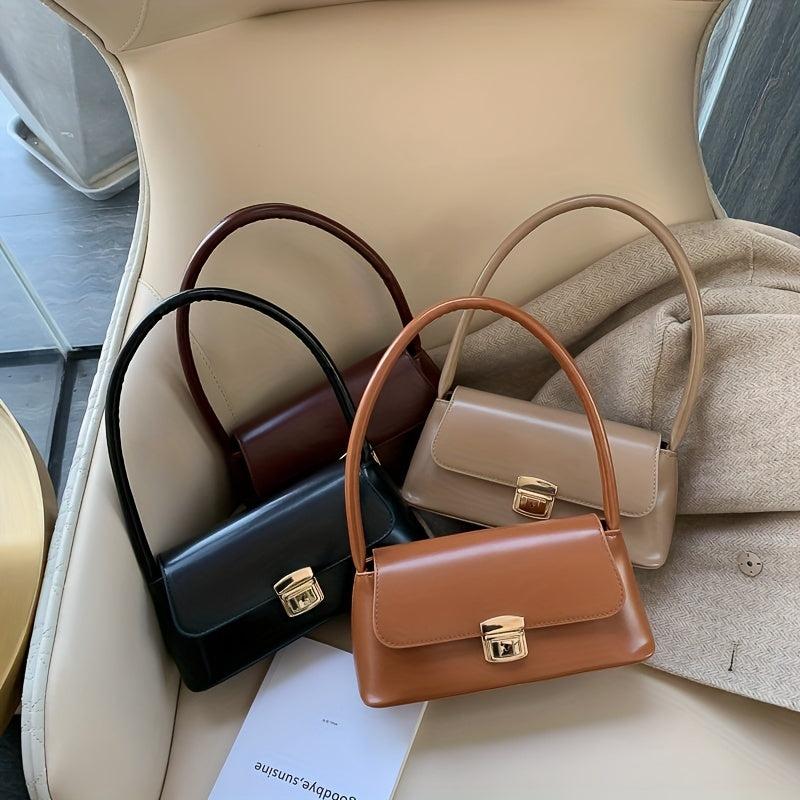 PU Leather Textured Satchel Bag Top Handle Flap Underarm Bag