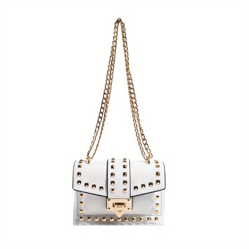 Stylish Mini Rivet Flap Crossbody Bag Clear PU Leather Shoulder Purse & Handbag