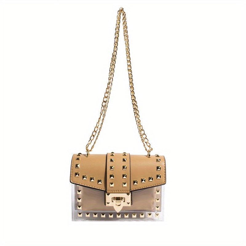 Stylish Mini Rivet Flap Crossbody Bag Clear PU Leather Shoulder Purse & Handbag