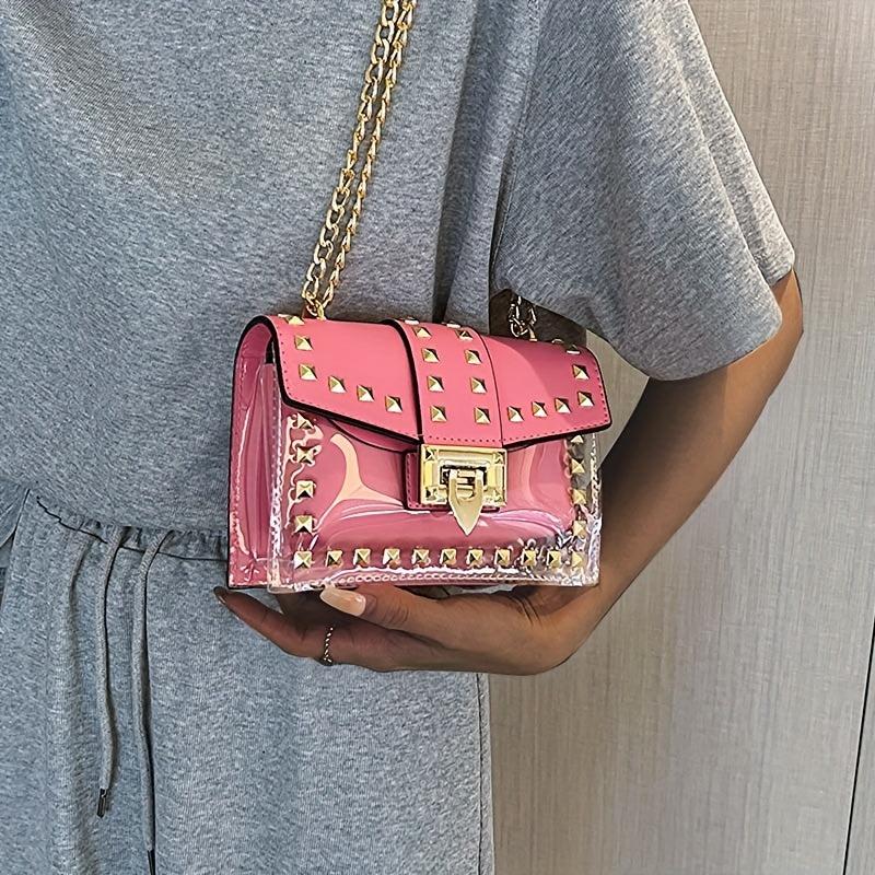 Stylish Mini Rivet Flap Crossbody Bag Clear PU Leather Shoulder Purse & Handbag