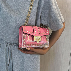 Stylish Mini Rivet Flap Crossbody Bag Clear PU Leather Shoulder Purse & Handbag