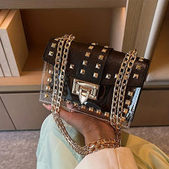 Stylish Mini Rivet Flap Crossbody Bag Clear PU Leather Shoulder Purse & Handbag