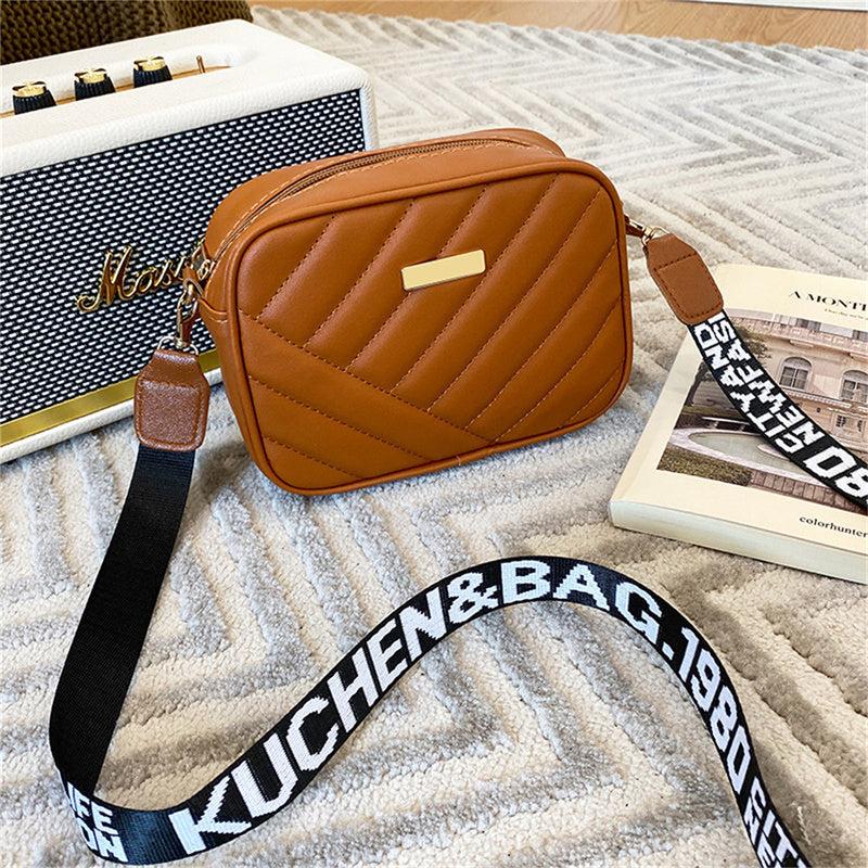 Quilted Zipper Square Bag Metal Decor Shoulder Purse Faux Leather Camera Bag