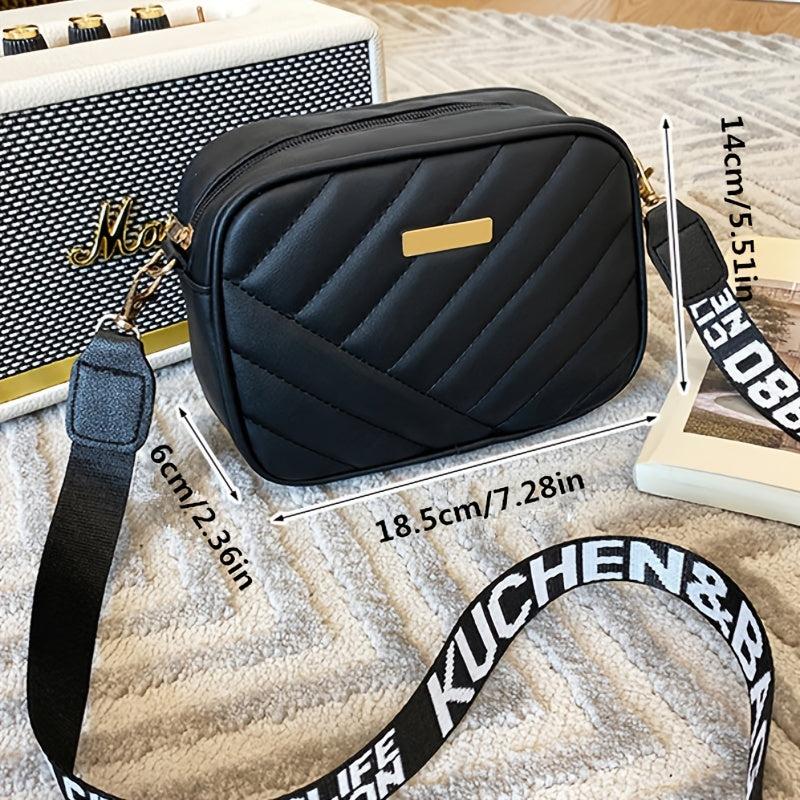 Quilted Zipper Square Bag Metal Decor Shoulder Purse Faux Leather Camera Bag