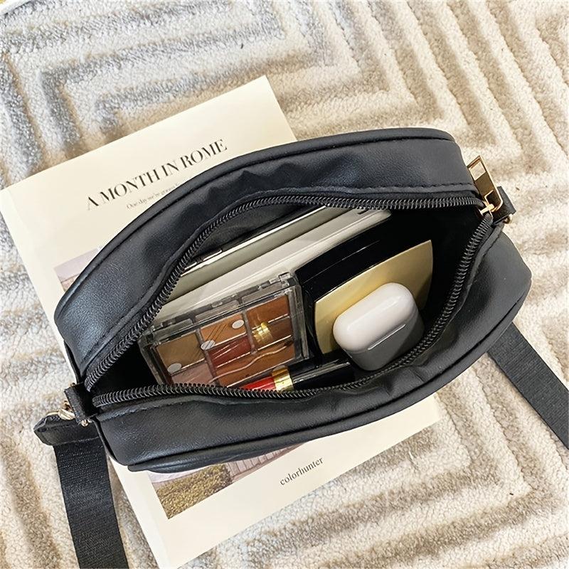 Quilted Zipper Square Bag Metal Decor Shoulder Purse Faux Leather Camera Bag
