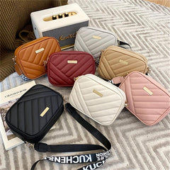 Quilted Zipper Square Bag Metal Decor Shoulder Purse Faux Leather Camera Bag