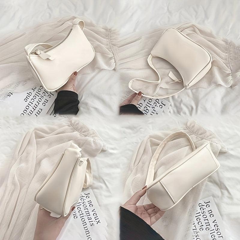 Vintage Solid Shoulder Bag Crescent Handbag Women's Zipper Underarm Bag