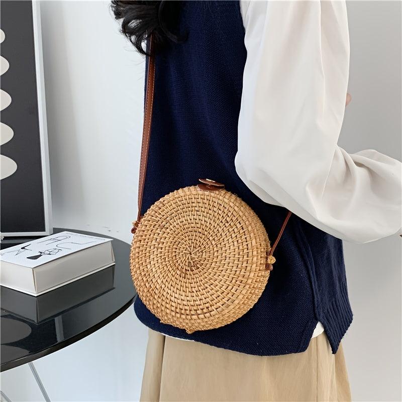 Rattan Woven Shoulder Bag Round Straw Crossbody Beach Bag