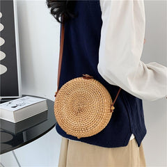 Rattan Woven Shoulder Bag Round Straw Crossbody Beach Bag
