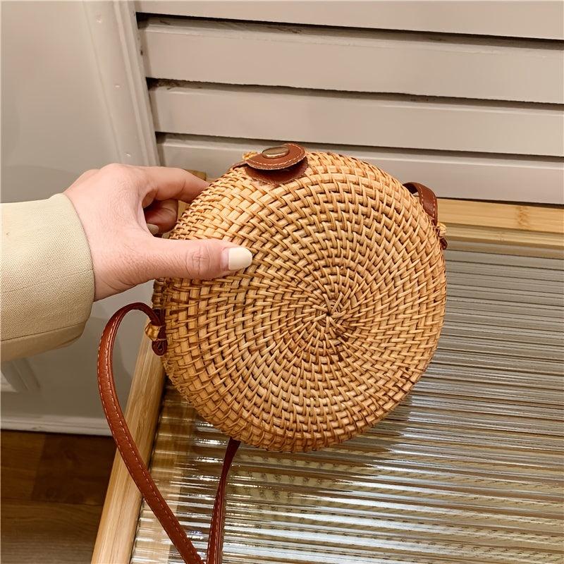 Rattan Woven Shoulder Bag Round Straw Crossbody Beach Bag