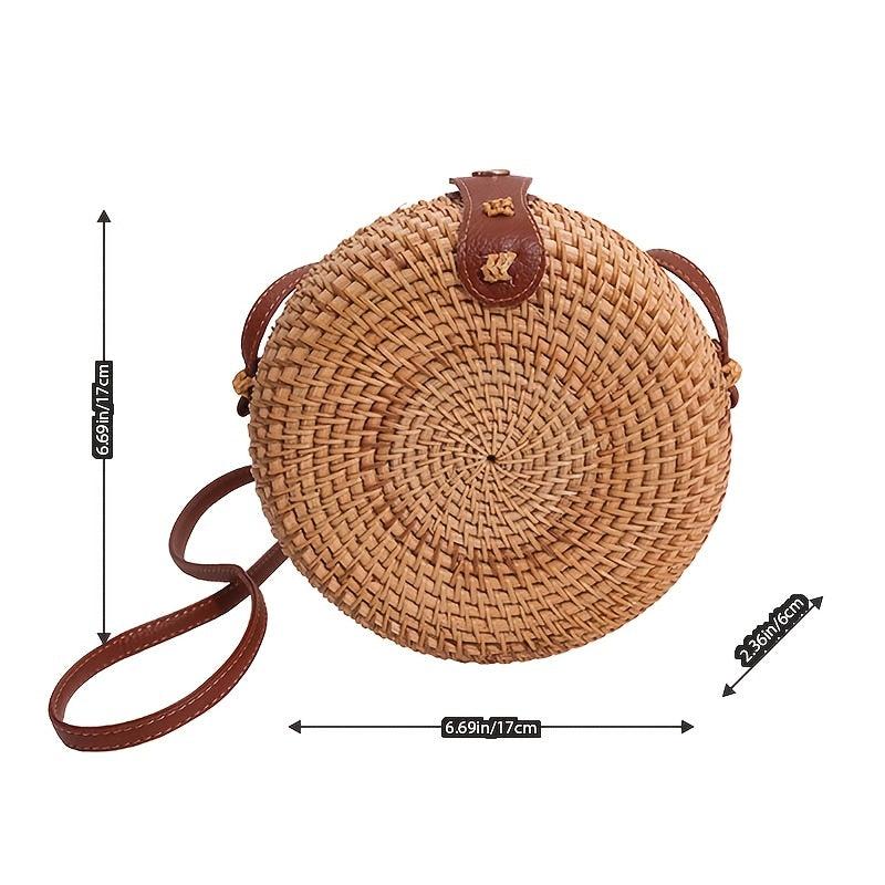 Rattan Woven Shoulder Bag Round Straw Crossbody Beach Bag