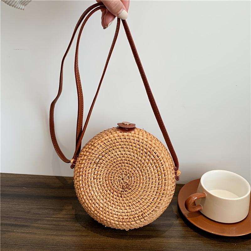 Rattan Woven Shoulder Bag Round Straw Crossbody Beach Bag
