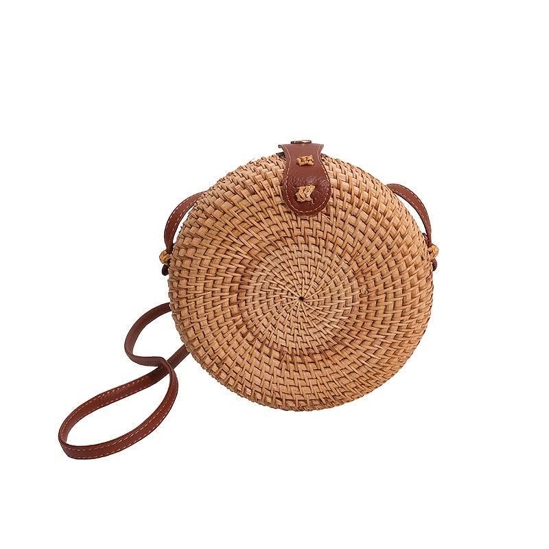 Rattan Woven Shoulder Bag Round Straw Crossbody Beach Bag