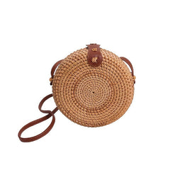 Rattan Woven Shoulder Bag Round Straw Crossbody Beach Bag